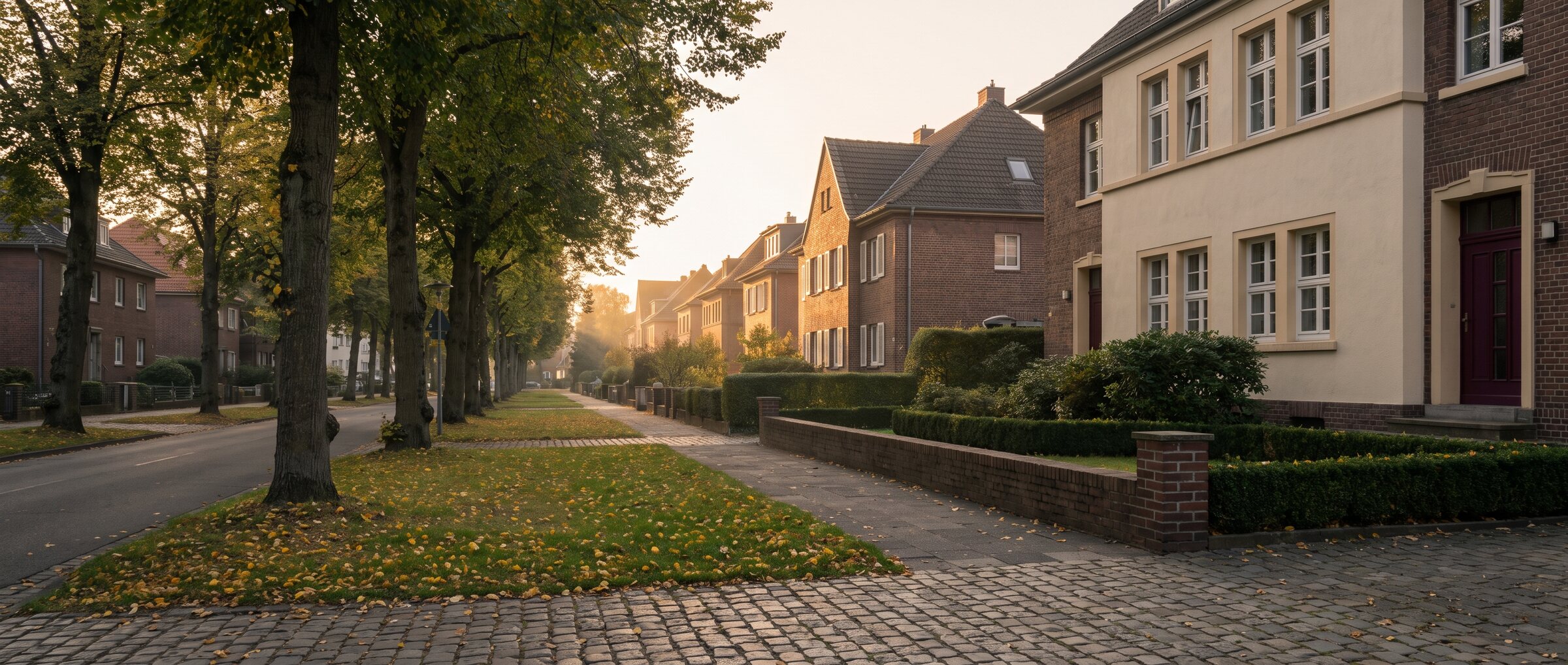 KI-generiertes Symbolbild: Backsteinh&auml;user mit Vorg&auml;rten an einer von alten B&auml;umen ges&auml;umten Wohnstra&szlig;e am Niederrhein im Herbstlicht
