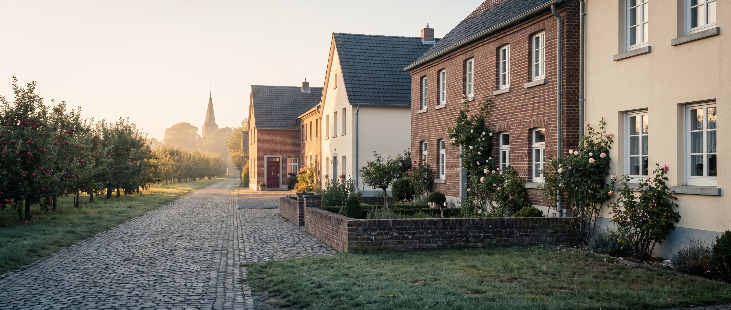 KI-generiertes Symbolbild: Backstein- und Putzh&auml;user an einer Pflasterstra&szlig;e neben einer Apfelwiese am Niederrhein im Morgenlicht