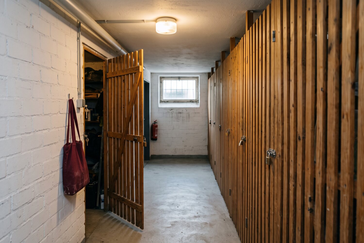 KI-generiertes Symbolbild: aufger&auml;umter Kellergang mit Lattenverschl&auml;gen, eine T&uuml;r steht offen, das Licht ist an