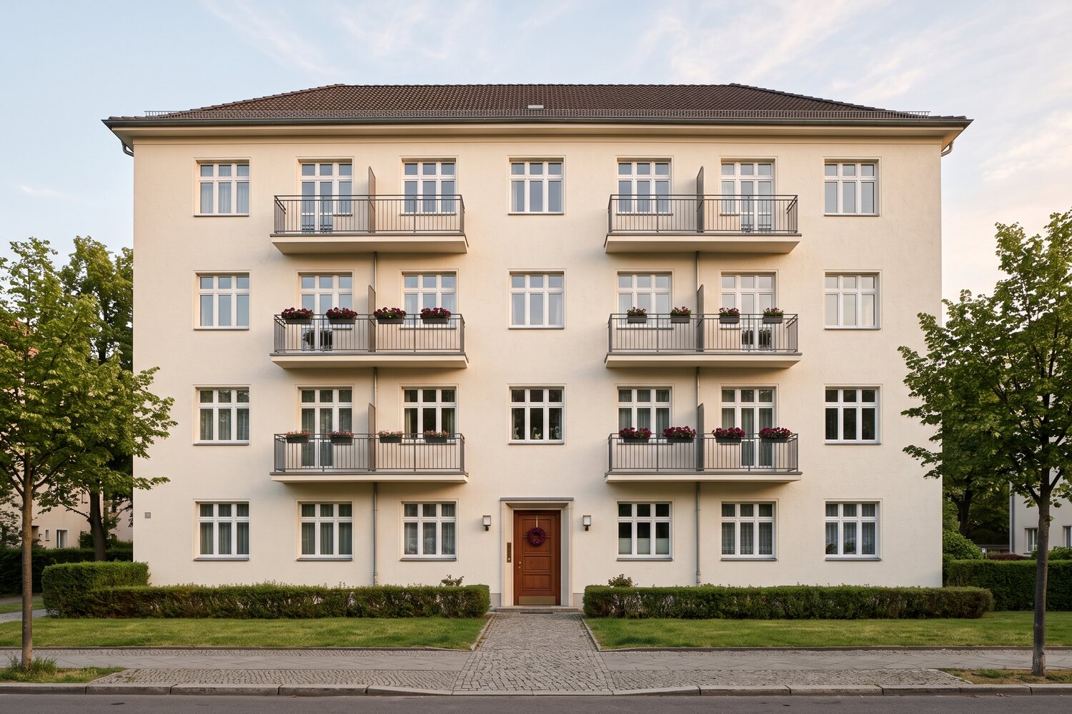 KI-generiertes Symbolbild: viergeschossiges Mehrfamilienhaus der 1950er-Jahre mit hellen Putzfassaden und kleinen Balkonen, von vorn gesehen