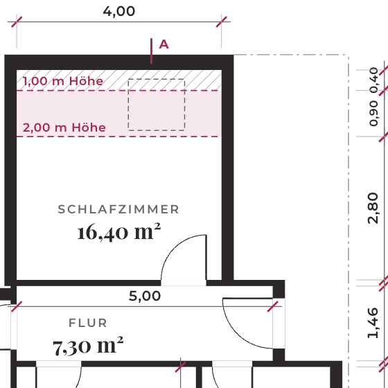 Ausschnitt aus einem bemaßten Grundriss im Maßstab 1:100, gezeichnetes Beispiel: Räume mit Flächenangabe, Maßketten an den Wänden