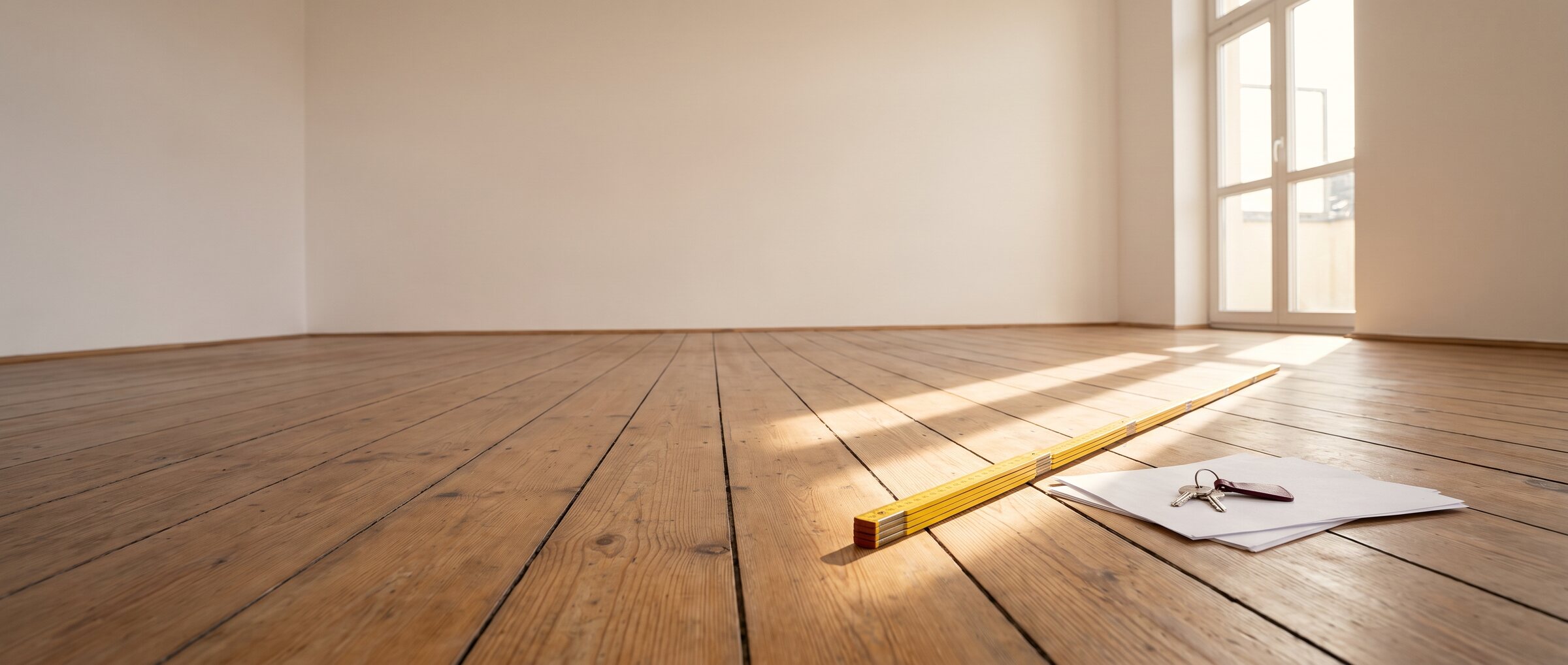 KI-generiertes Symbolbild: leeres Zimmer mit Holzdielen im Morgenlicht, auf dem Boden ein ausgeklappter gelber Zollstock, daneben ein Stapel Papier mit einem Schl&uuml;sselbund