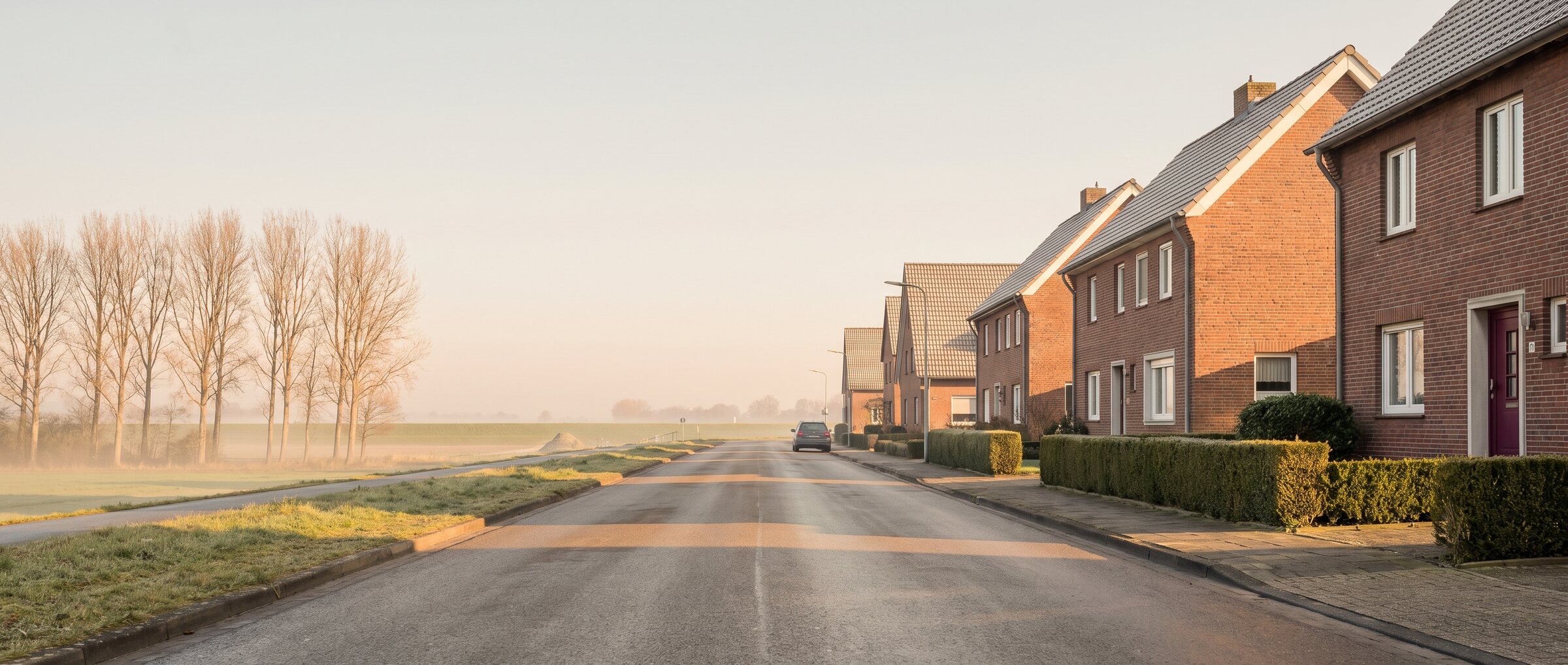 KI-generiertes Symbolbild: Wohnstra&szlig;e am Niederrhein im Morgenlicht, rechts Backsteinh&auml;user mit Hecken, links freie Felder mit Pappeln