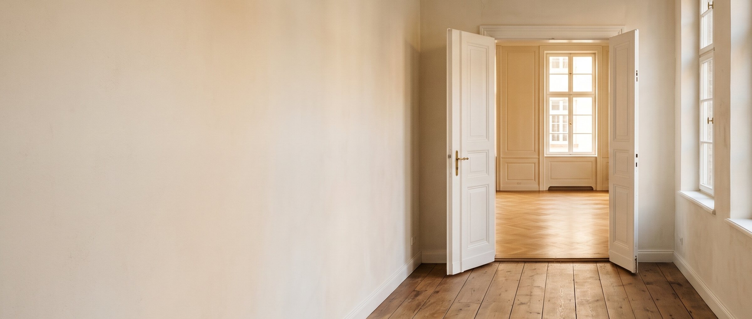 KI-generiertes Symbolbild: langer, schmaler Raum im Fl&uuml;gelbau eines Stadthauses mit Dielenboden, hohen Fenstern zum Hof und offener Fl&uuml;gelt&uuml;r zum Vorderhaus