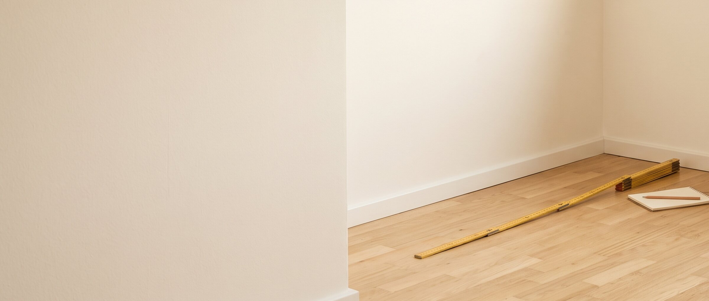 KI-generiertes Symbolbild: leeres Zimmer mit Parkett und Heizk&ouml;rper unter dem Fenster, am Boden liegen ein ausgeklappter Zollstock und ein Notizblock mit Bleistift