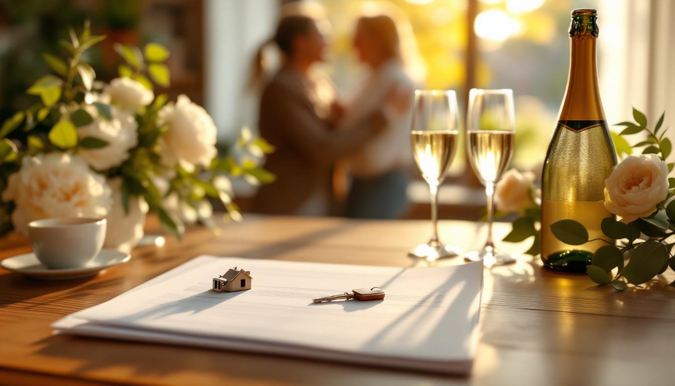 Schl&uuml;ssel&uuml;bergabe mit Champagner nach erfolgreichem Immobilienverkauf