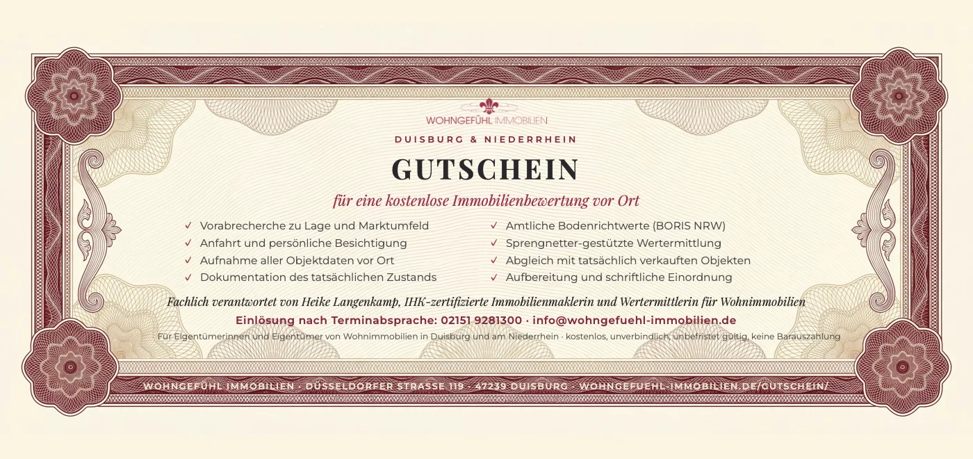 Vorschau des Gutscheins im Scheck-Format: kostenlose Immobilienbewertung vor Ort, mit Leistungsliste und Sicherheitsmuster