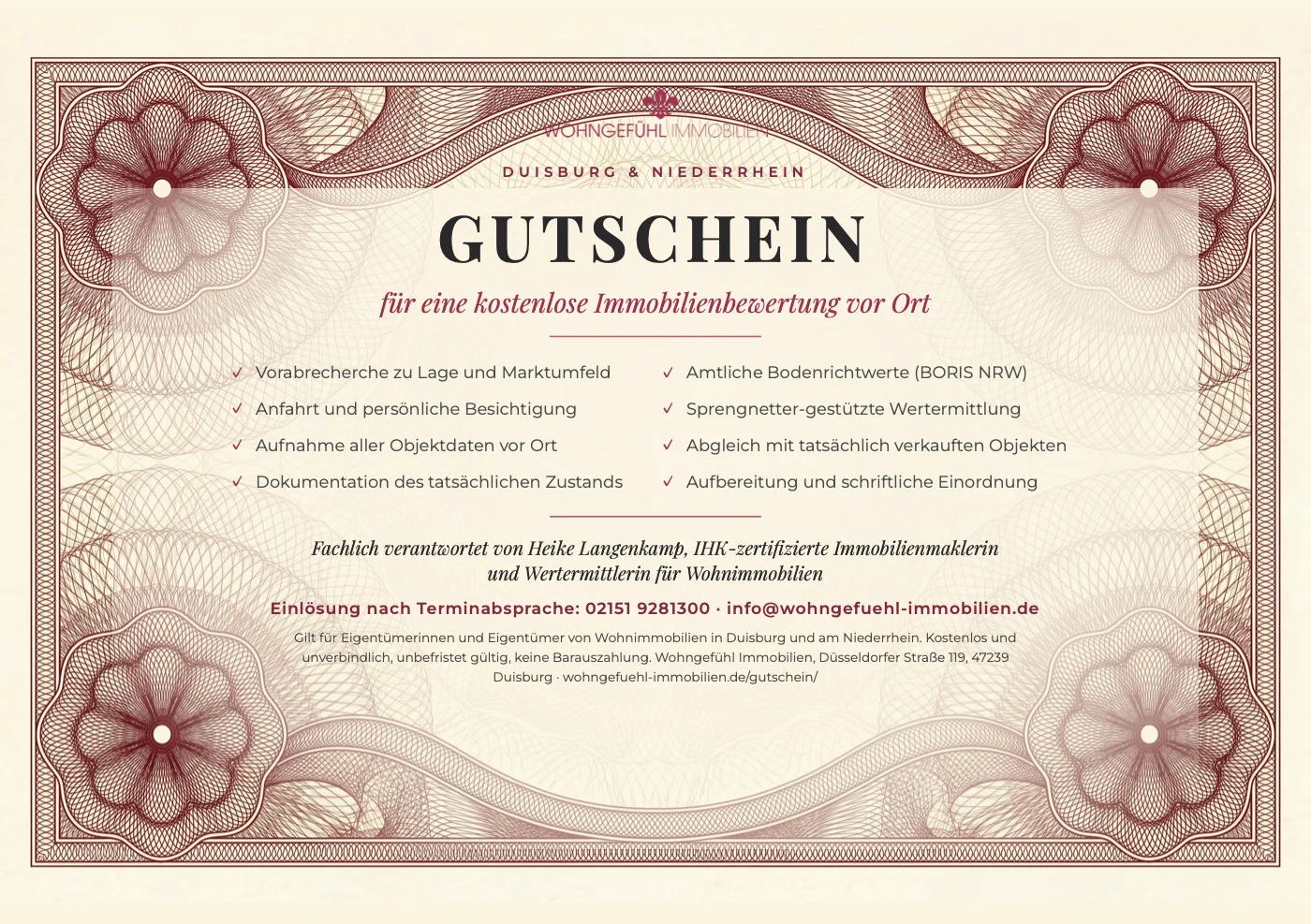 Vorschau des Gutscheins: kostenlose Immobilienbewertung vor Ort, mit Leistungsliste und Sicherheitsmuster