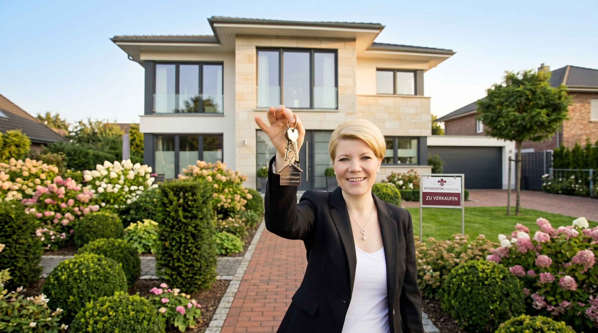 Heike Langenkamp, IHK-zertifizierte Immobilienmaklerin und Inhaberin von Wohngef&uuml;hl Immobilien, bei der Schl&uuml;ssel&uuml;bergabe nach erfolgreichem Immobilienverkauf am Niederrhein