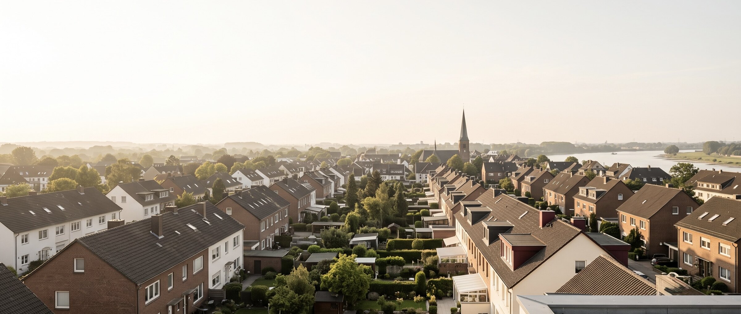 Wohnh&auml;user einer niederrheinischen Stadt bei Duisburg im Morgenlicht, im Hintergrund der Rhein
