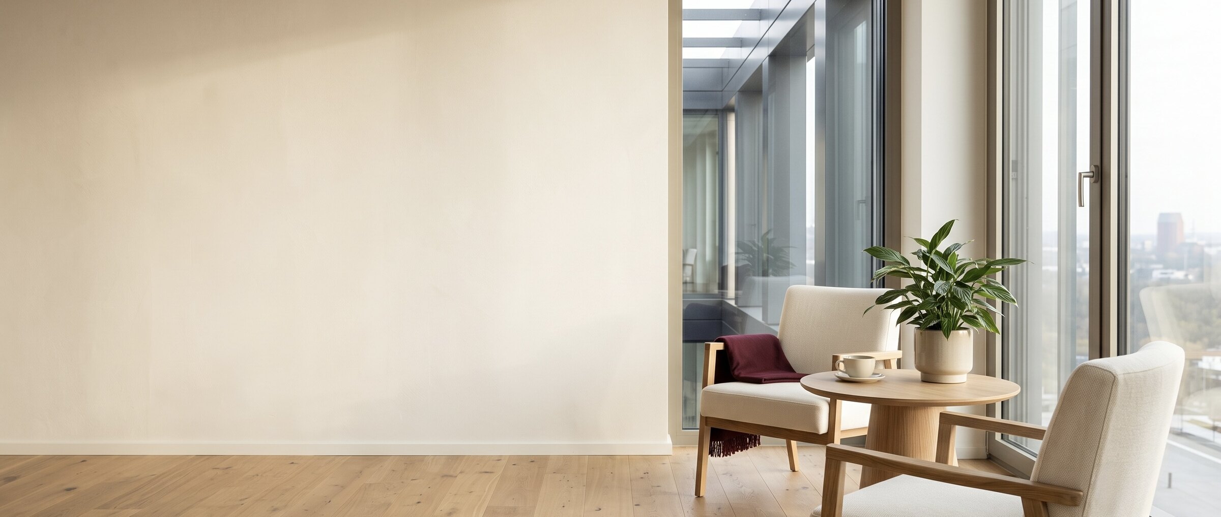 Beratungsecke mit zwei Sesseln und rundem Tisch am Fenster im B&uuml;ro von Wohngef&uuml;hl Immobilien in Duisburg