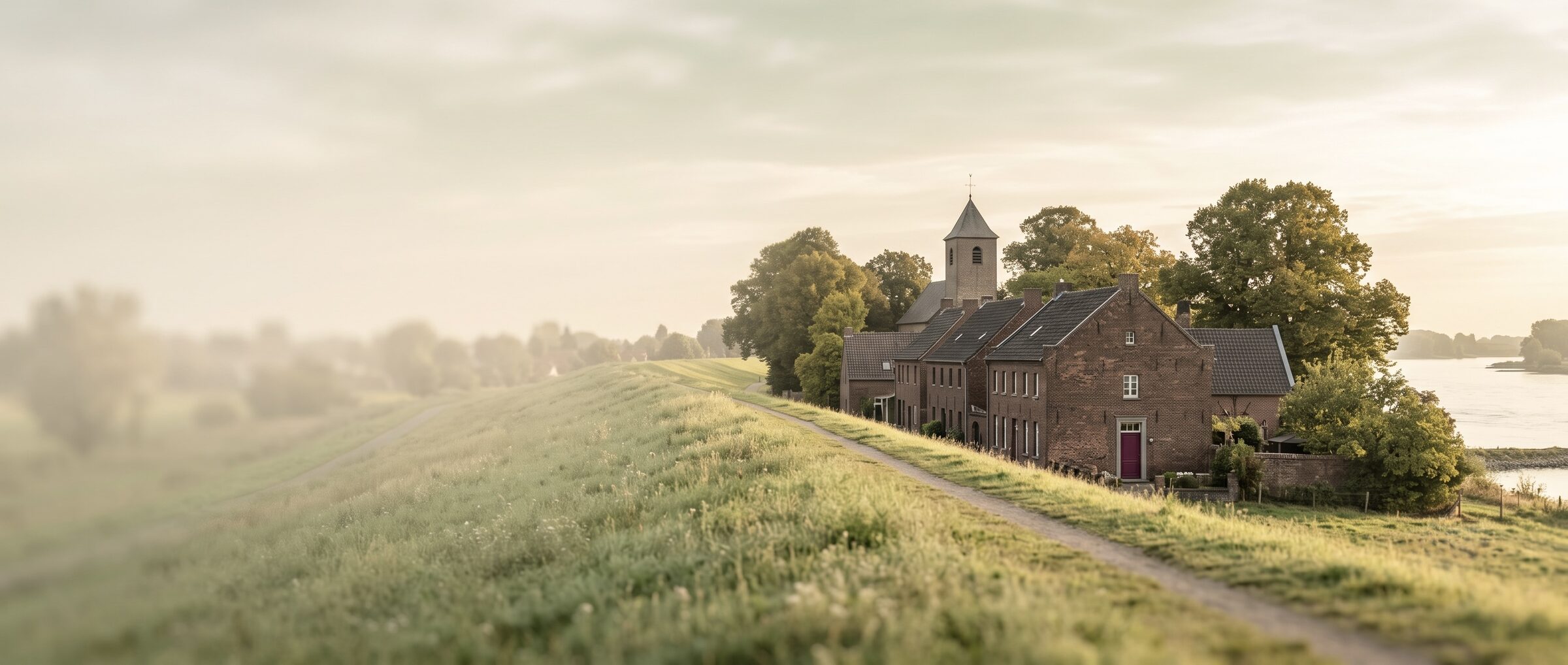 Rheindeich mit historischem Dorfkern in Duisburg-Rheinhausen bei Morgenlicht