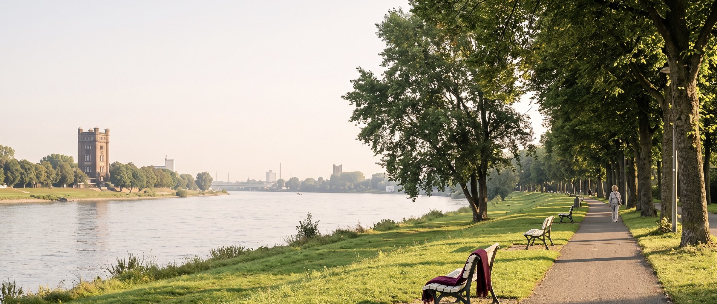 Rheinuferpromenade in Duisburg-Homberg im Morgenlicht