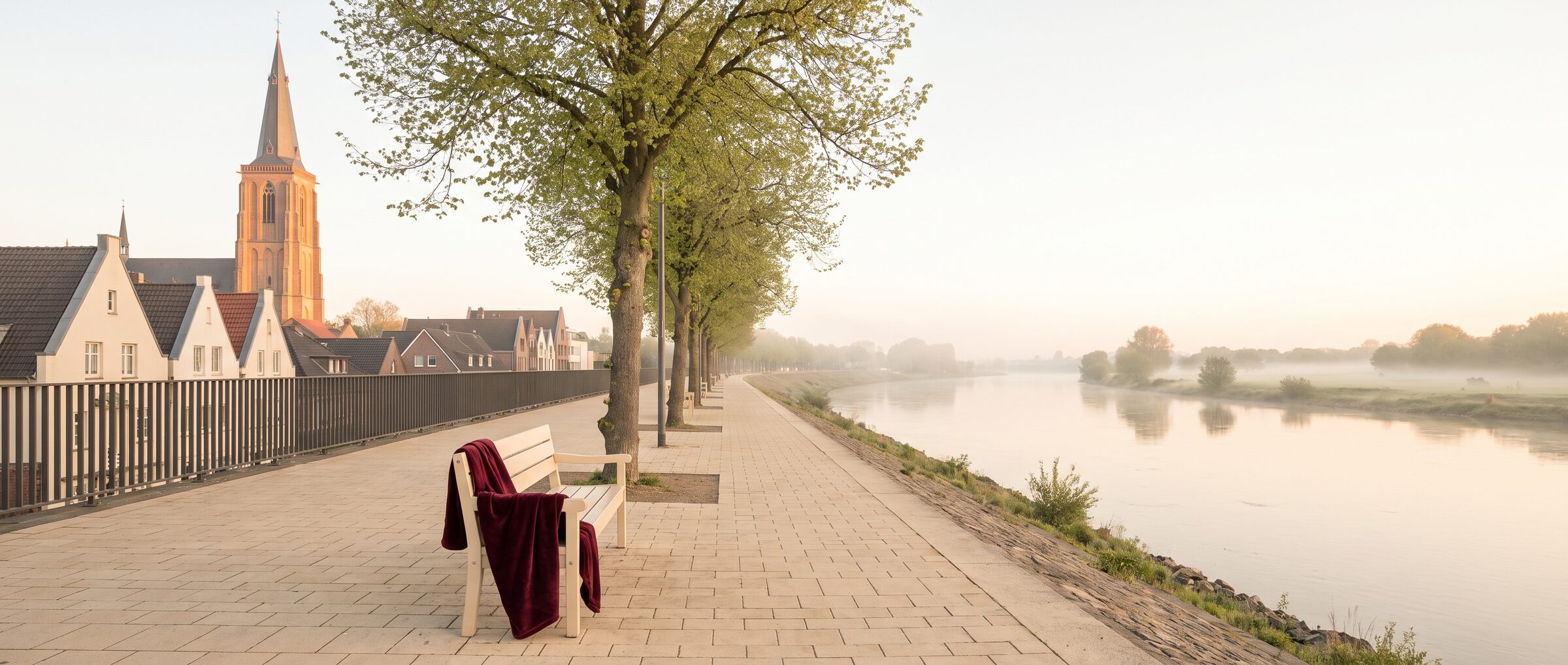 Rheinpromenade in Wesel mit Blick auf den Willibrordi-Dom am Morgen