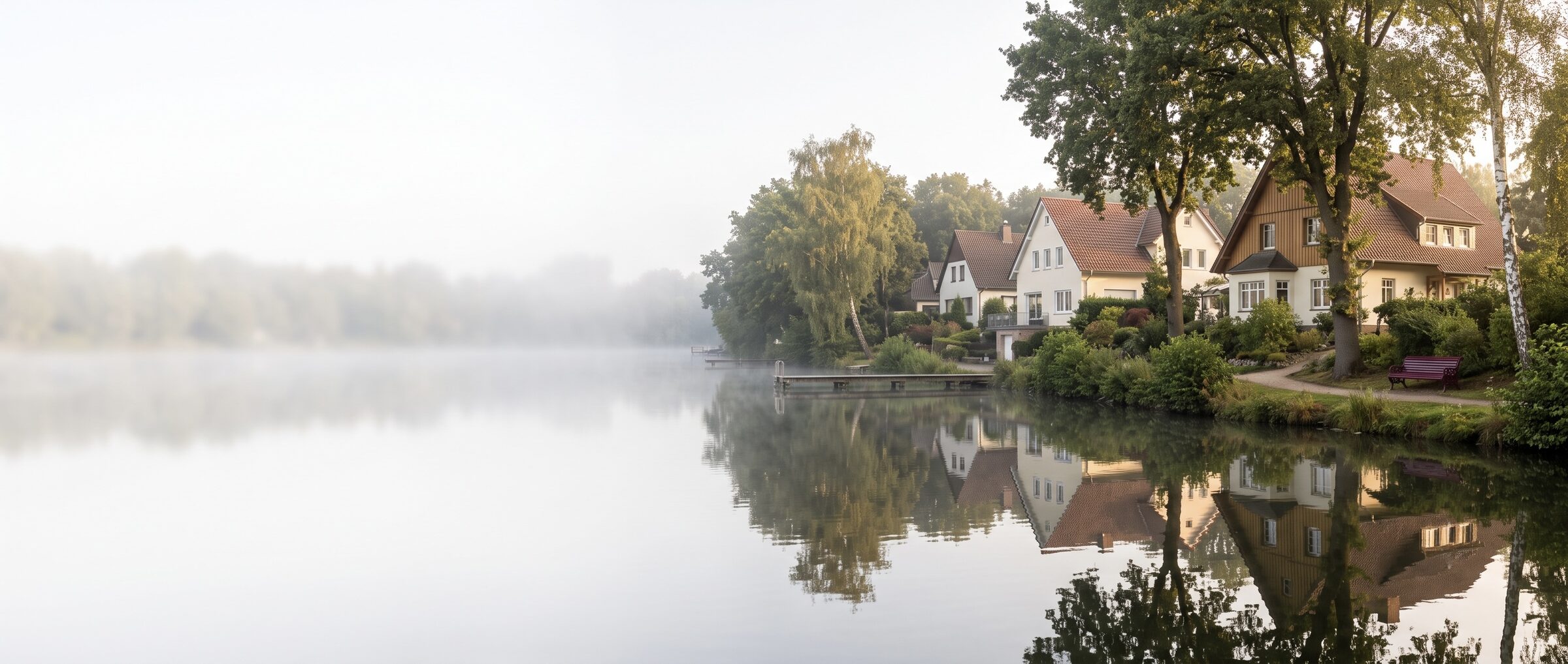 Einfamilienh&auml;user am Toeppersee in Duisburg-Rumeln-Kaldenhausen am Morgen