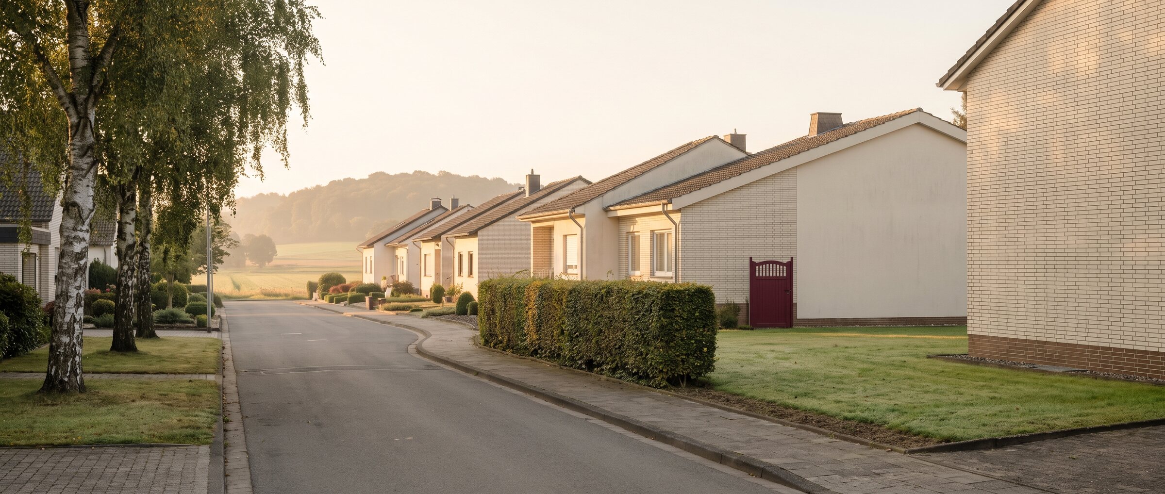 KI-generiertes Symbolbild: ruhige Wohnstra&szlig;e mit Einfamilienh&auml;usern und Birken am Niederrhein im Morgenlicht
