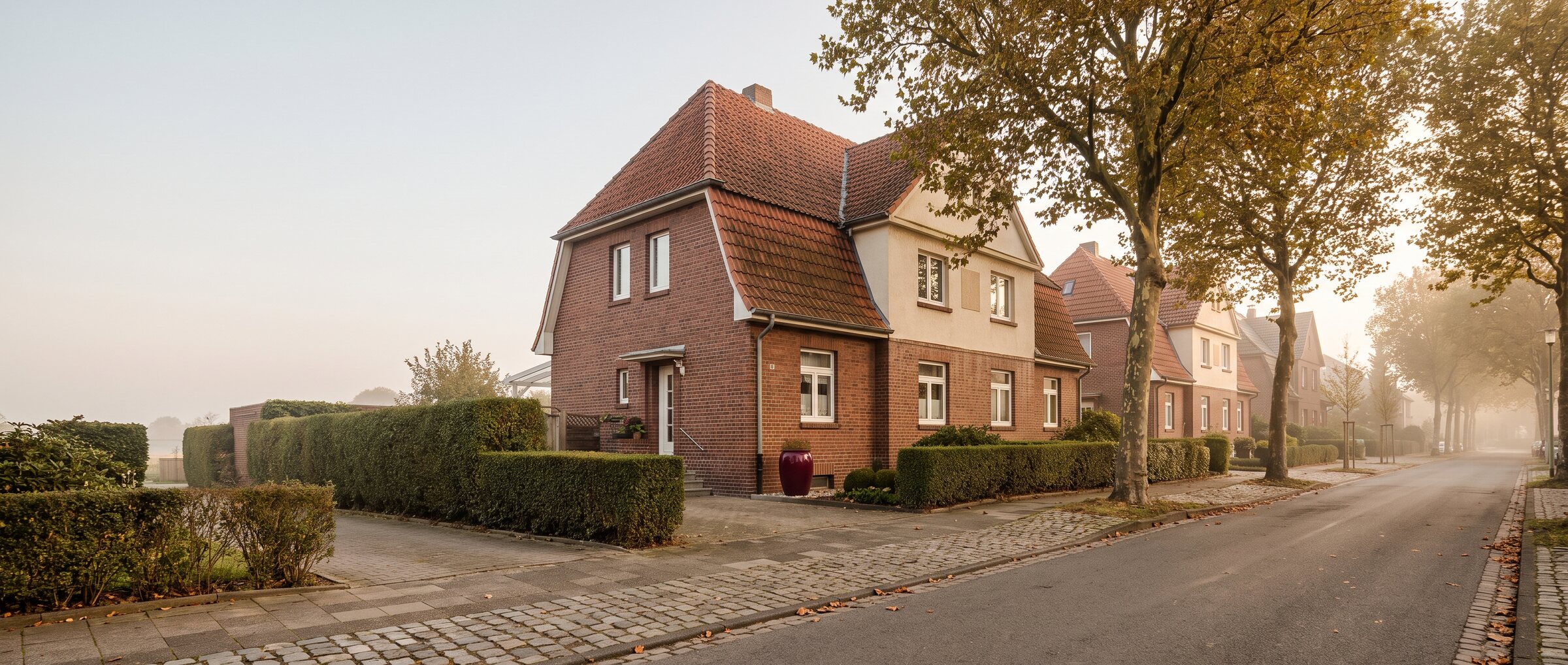 Ruhige Wohnstra&szlig;e einer Bergarbeitersiedlung am Niederrhein im Morgenlicht: Backstein-Doppelh&auml;user mit roten Ziegeld&auml;chern, geschnittene Hecken und alte B&auml;ume am Gehweg (KI-generiertes Symbolbild)