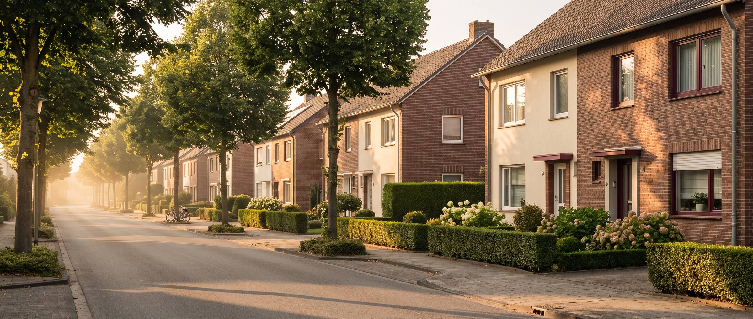 Ruhige Wohnstra&szlig;e in Moers zur goldenen Stunde: Ein- und Zweifamilienh&auml;user aus Backstein mit geschnittenen Hecken, bl&uuml;henden Hortensien und einer Lindenreihe entlang der Fahrbahn (KI-generiertes Symbolbild)