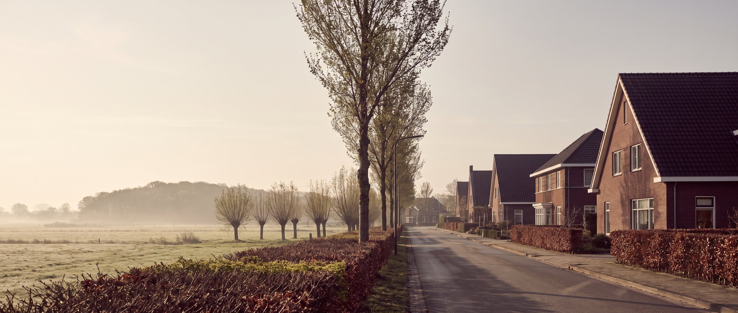 Wohnstra&szlig;e am Ortsrand am Niederrhein kurz nach Sonnenaufgang: Einfamilienh&auml;user aus Klinker hinter Hecken, daneben Wiesen mit Kopfweiden im Morgendunst (KI-generiertes Symbolbild)
