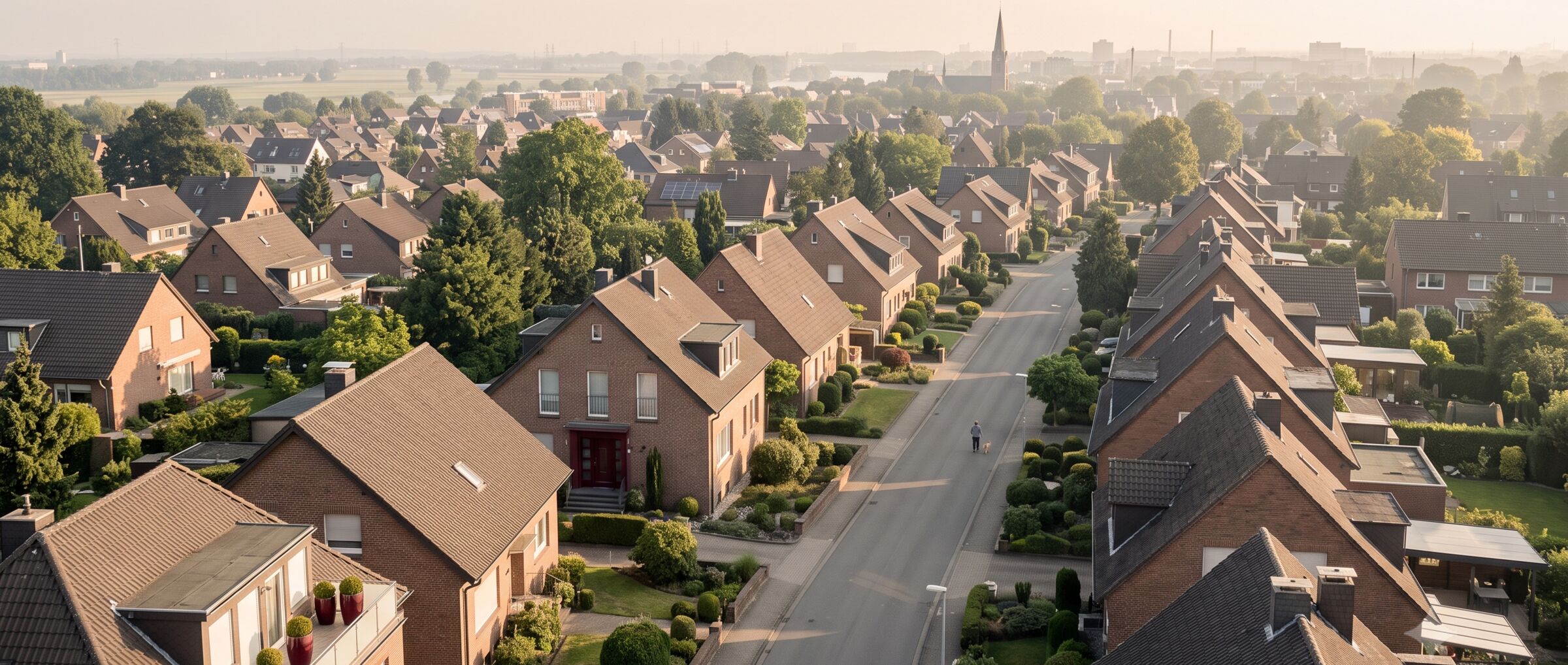 Blick ueber ein linksrheinisches Wohnviertel im Duisburger Westen zur goldenen Stunde: Einfamilienhaus-D&auml;cher, gr&uuml;ne G&auml;rten und Kirchturm am Horizont, Sinnbild f&uuml;r den Immobilienmarkt Duisburg-West