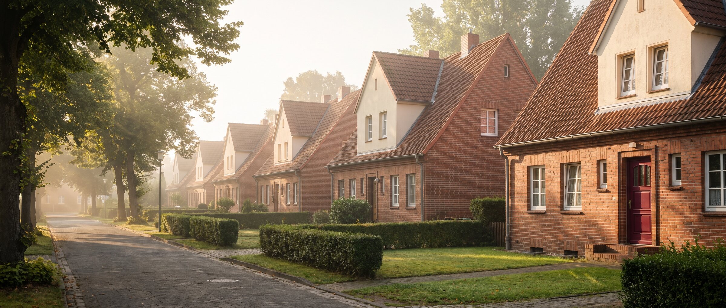 KI-generiertes Symbolbild: Backsteinh&auml;user einer historischen Zechensiedlung am Niederrhein im Morgenlicht