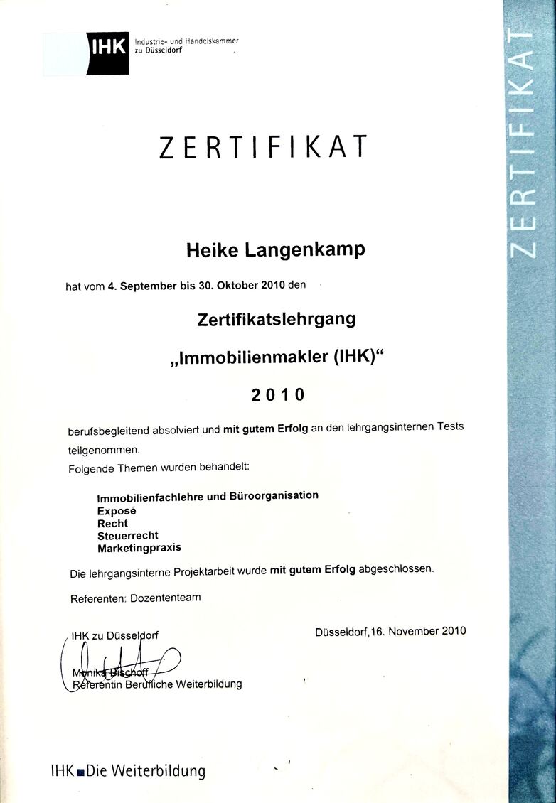 IHK-Zertifikat zur Sachkundepruefung fuer Immobilienmakler von Heike Langenkamp, Inhaberin Wohngefuehl-Immobilien
