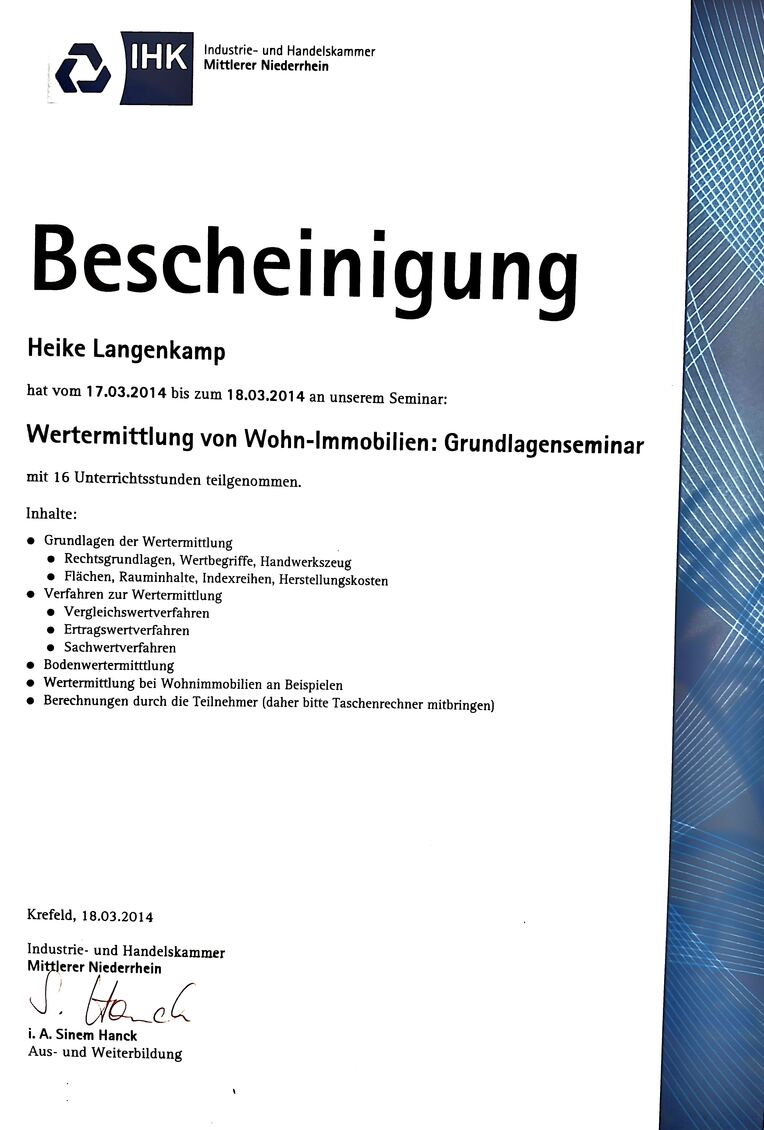 IHK-Zertifikat zur Immobilien-Wertermittlung von Heike Langenkamp, Inhaberin Wohngefuehl-Immobilien